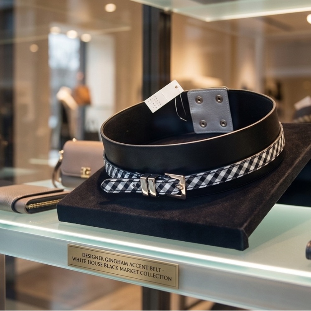 White House Black Market Black Leather Belt with Black-and-White Gingham Accent